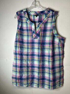 Talbots Plus 2X Linen Top Multicolor Plaid Sleeveless Split Neck Preppy Coastal